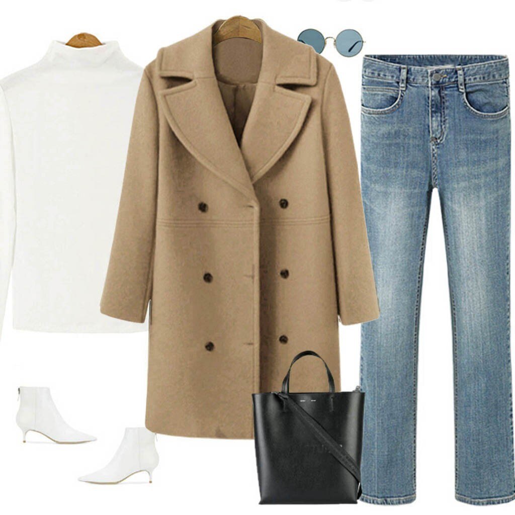 Women Autumn And Winter Coat Woolen Coat Female Mid-long Korean Loose Temperament Women's Outerwear Woolen Coat: Khaki  / L