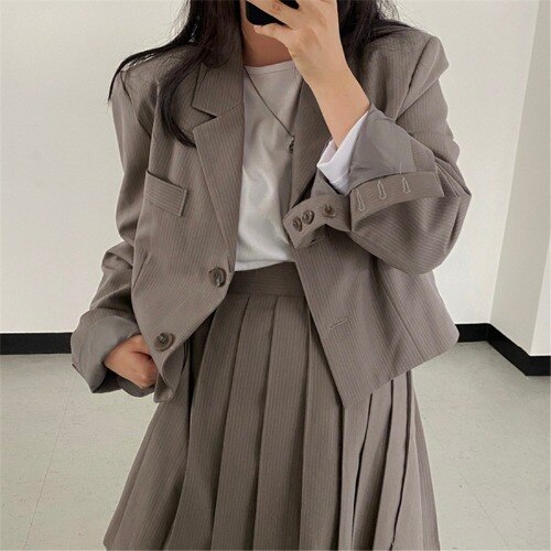 Blazer negro y trajes de falda para mujer, traje de manga larga con solapa a rayas, chaqueta, Falda plisada a la , conjunto de 2 piezas: khaki 2set