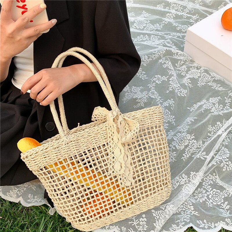 Bolsa de vime feita à mão, de palha, rattan, feminina, verão, vazada, bolsa de ombro cruzada, com laço, borlas