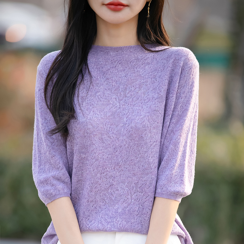 Women's Half-sleeved T-shirt Wool Lyocell Tees Sweater O-neck Flower Shaped Hollow Pullover Vest Summer Knitted Bottoming Tops