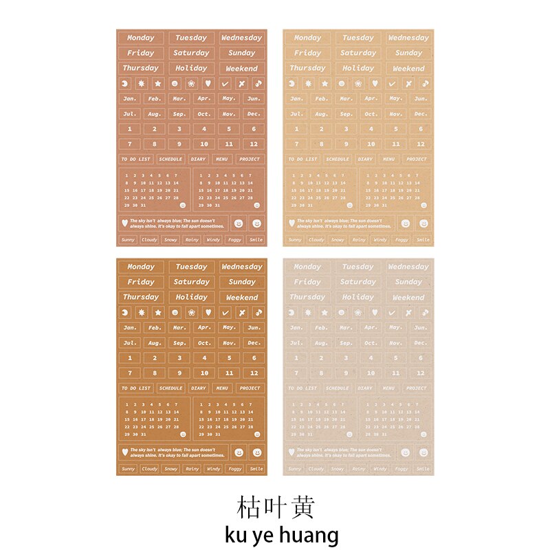 JIANWU 4 Sheets Basic Date Stickers Decoration Week Month Digital Bronzing Silver Craft DIY Journal Stickers Stationery: ku ye huang