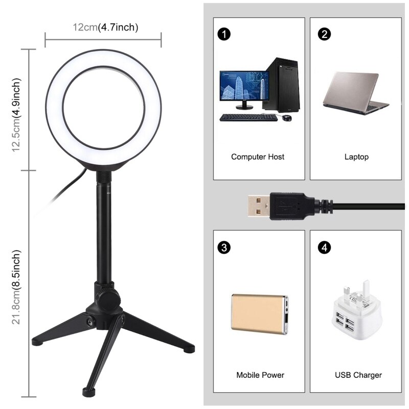 -PULUZ 4.7Inch Ring Light LED Desktop Ring Lamp with Tripod Selfie Stick USB White Light for Makeup Studio Photography