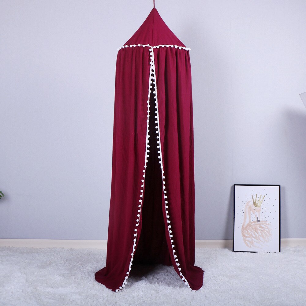 Baby Baumwolle Bett Pompom Vorhang Kinderzimmer Dekoration Krippe Netz Baby Zelt Baumwolle Hing Kuppel Baby Moskito Netz Fotografie Requisiten: Wein rot