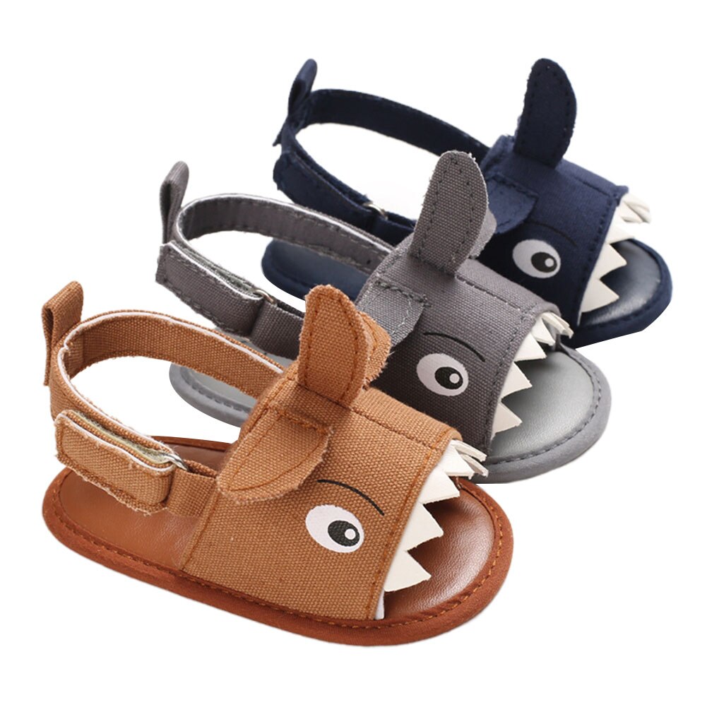 Summer Baby Boys Canvas Sandals Kids Flat Beach Shoes Sports Soft Non-slip Casual Toddler Shark Printed Sandals 0-18M