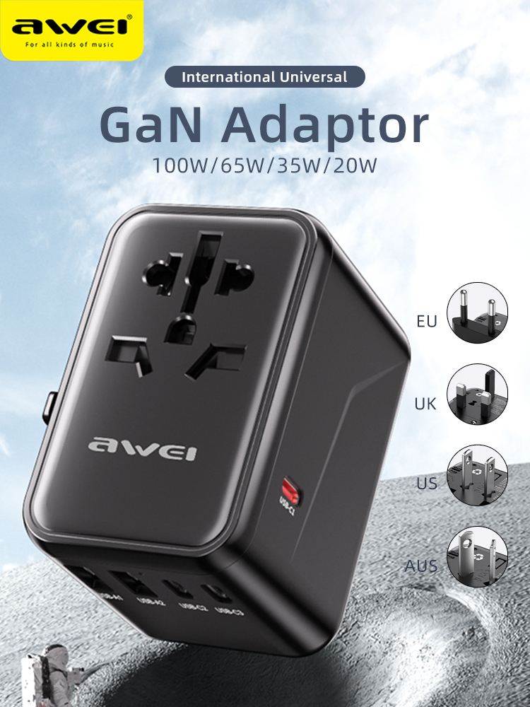 AWEI-Adaptateur de voyage universel GaN 35, 65W, 100W, USB et type C, charge rapide, prise internationale, EU, UK, USA, AUS