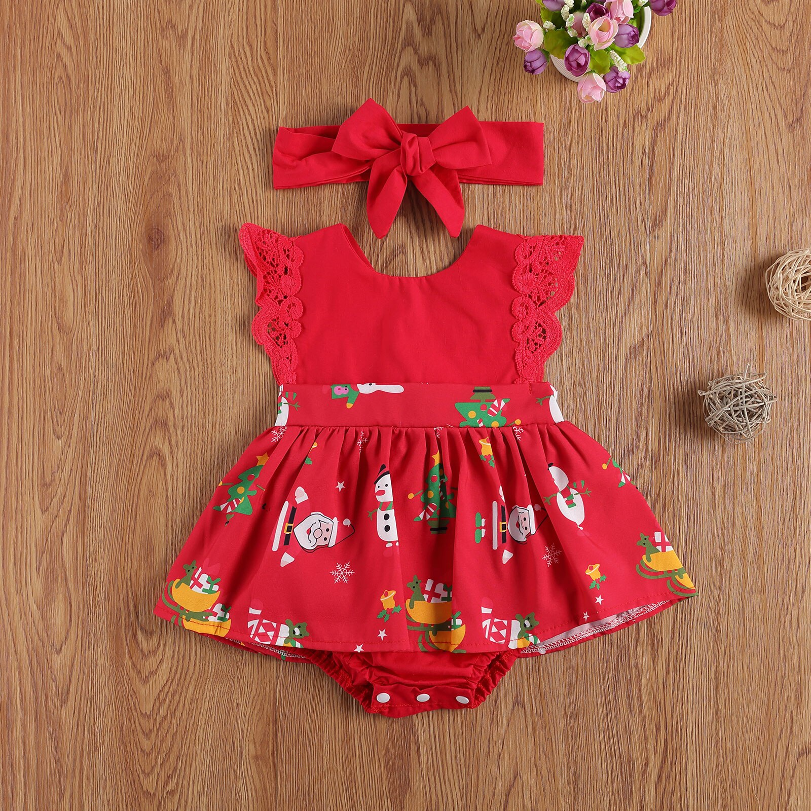 FOCUSNORM Christmas Infant Baby Girls Boys Bodysuits Dress Lace Ruffles Short Sleeve Cartoon Print Jumpsuits Headband 0-24M