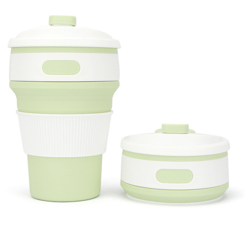 Outdoor Travel Portable Folding Coffee Cup Camping Travel Reusable Silicone Water Cup with Cover: green