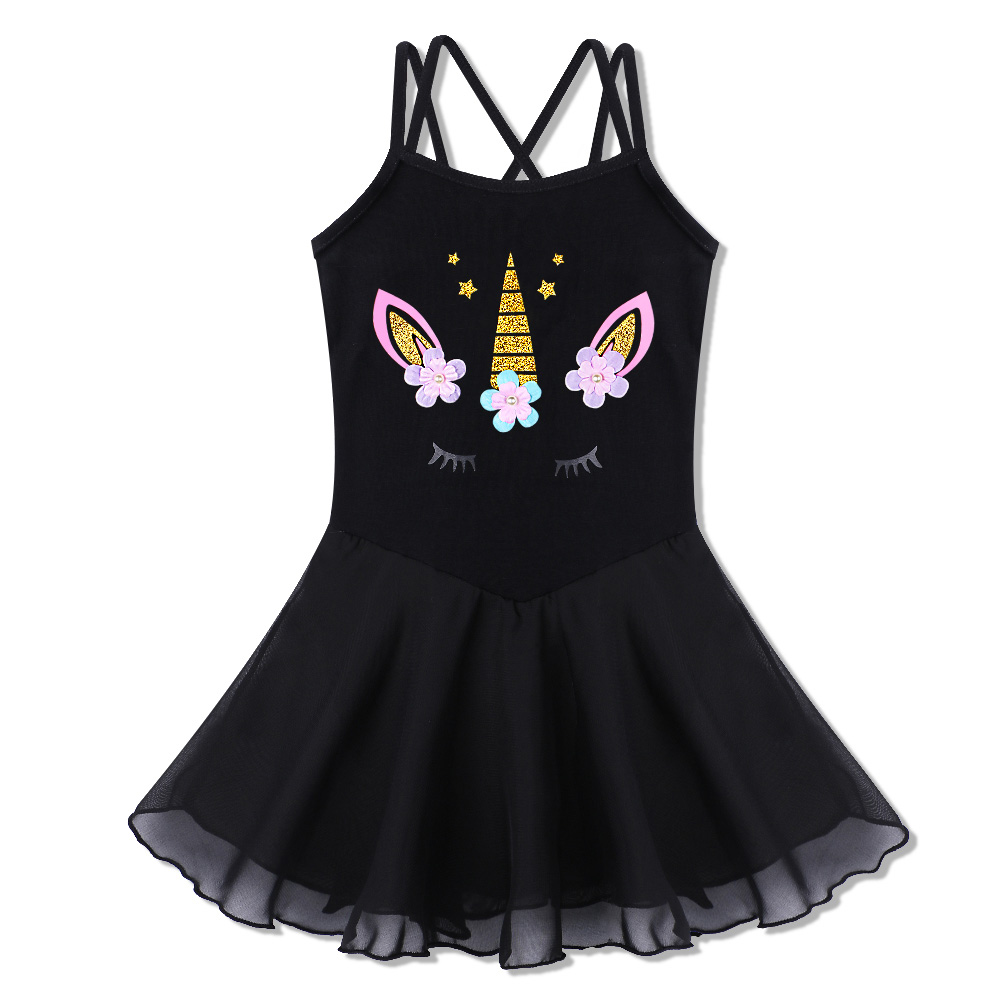 Baohulu Meisje Mouwloze Ballet Jurk Cartoon Print Ballet Tutu Praktijk Prestaties Gymnasitics Turnpakje Sales Ballet Kostuum: B188 Black / 3-4 years