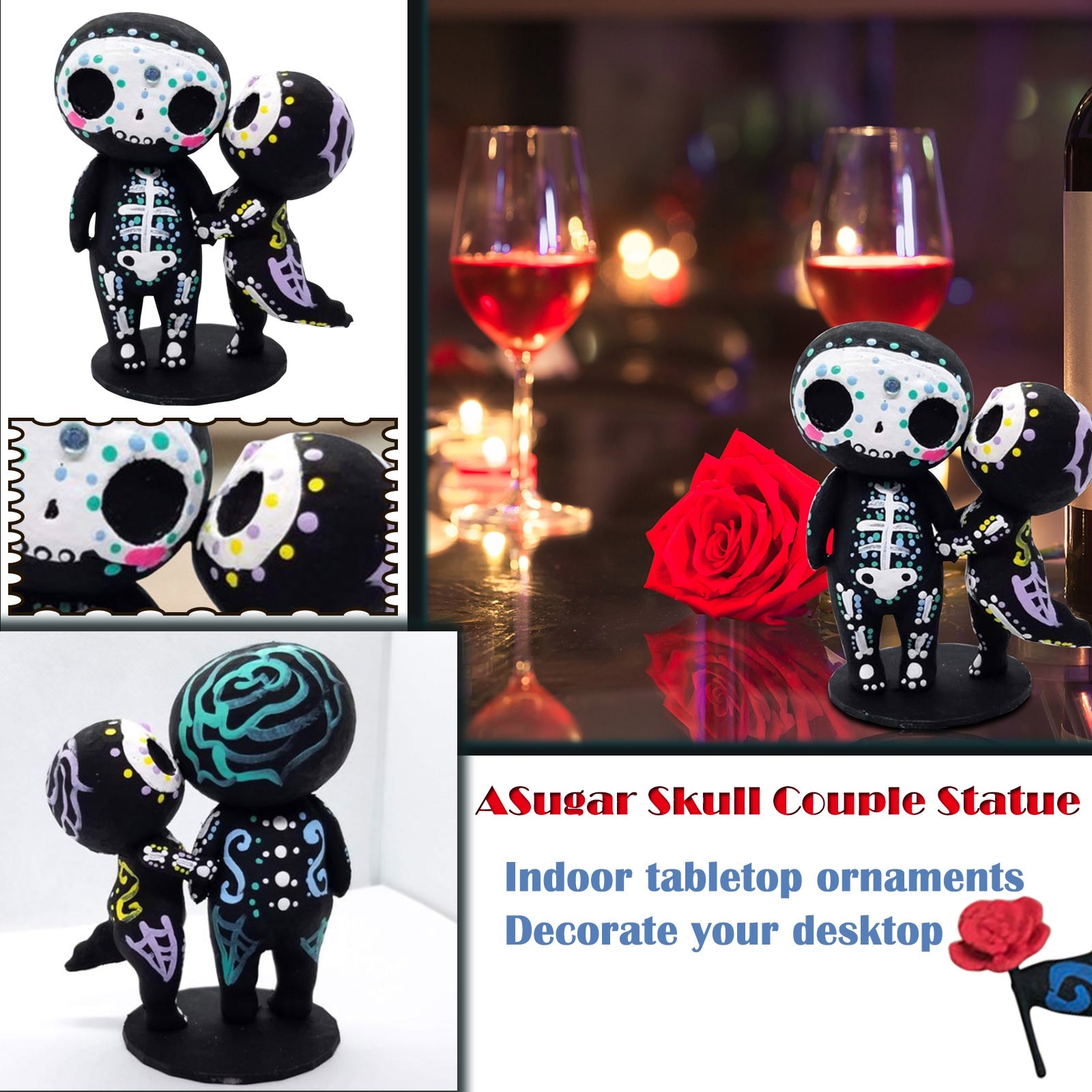 Ambachten Hars Suiker Schedel Paar Standbeeld Leuke Standbeeld Schedel Hars Bloem Levering Beeldjes Miniaturen Vriendje Vriendin