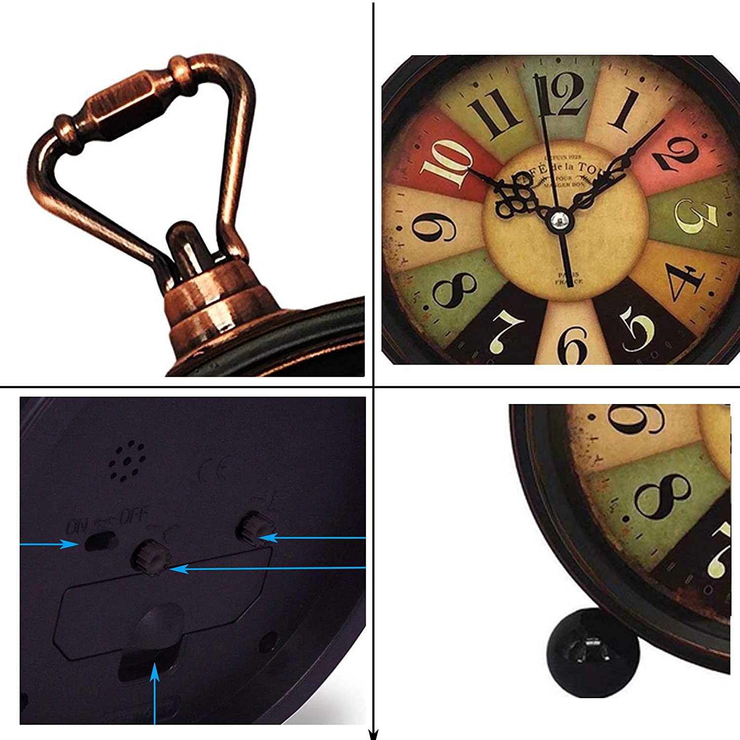 Desk Alarm Clock Battery Operated Loud Digita Alarm Clock Classic alarm clock retro metal silent clock (Tuscan Style)