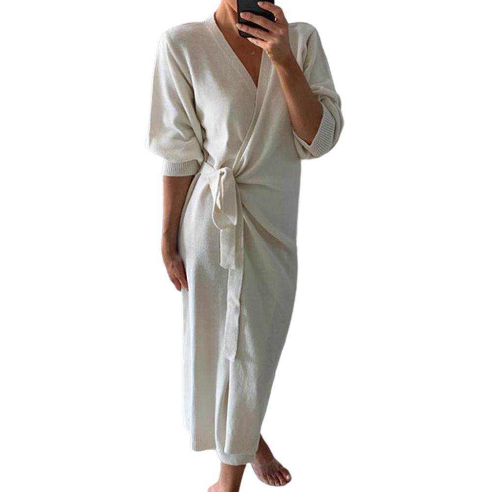 Vrouwen Herfst Winter Effen Kleur Lange Mouw Gebreide Wrap Riem Jurk Maxi Gewaad: WHITE