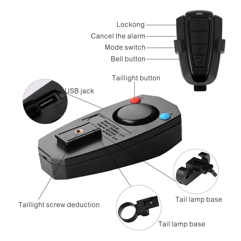 Alarma antirrobo 4 en 1 para bicicleta, alarma de seguridad 4 en 1, resistente al agua, Control remoto inalámbrico, Alerter, bloqueo para luces traseras, accesorios para lámpara de bicicleta