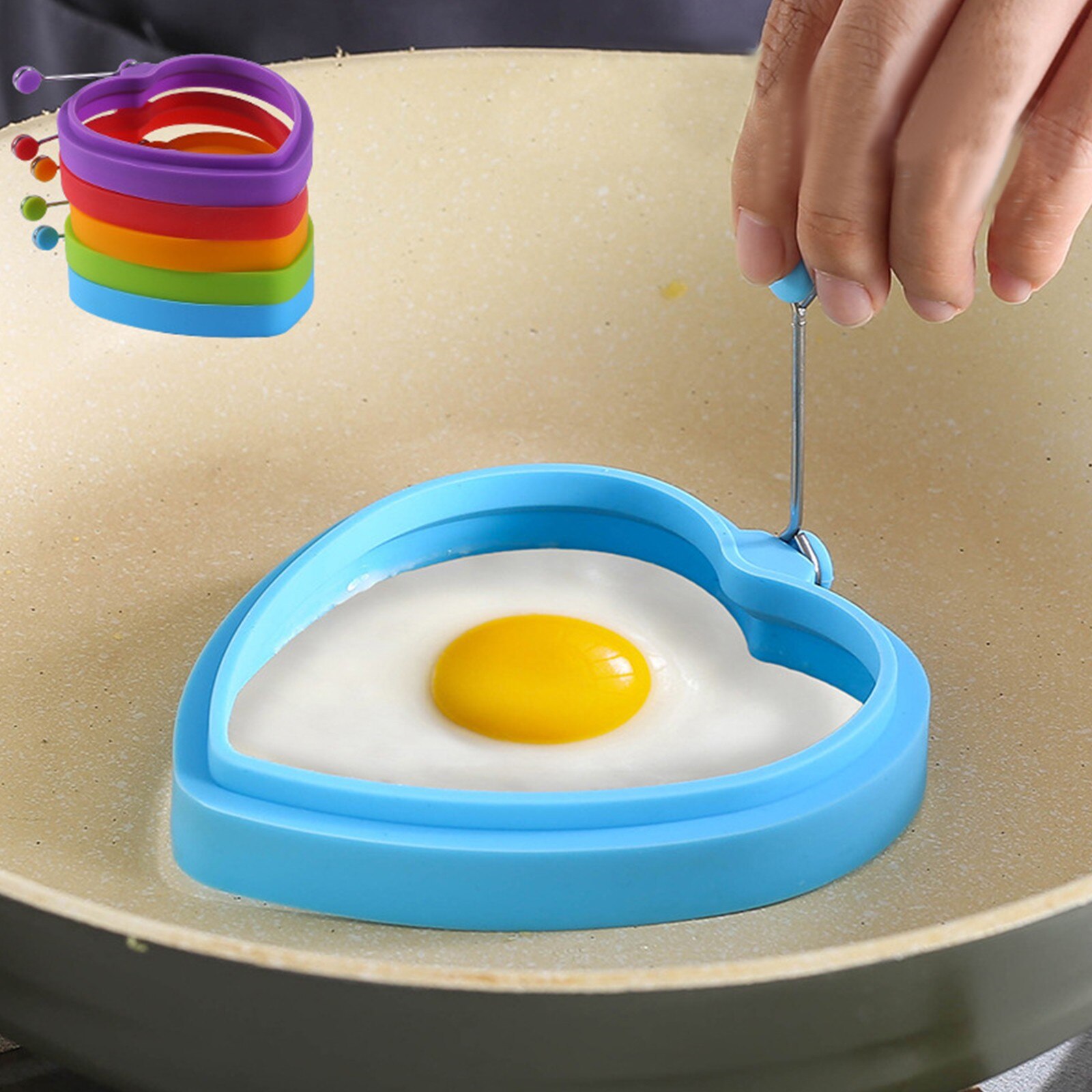 30# Heart Shaped Circular Ring Frying Mold With Handle Non-stick Frying Silicone Mold Kitchen Egg Tool Moldes De Silicona