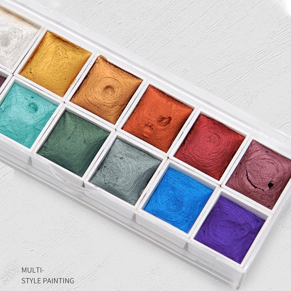 12 Kleuren Aquarel Verf Set Solid Pigment Metallic Glitter Art Supplies Kids Studenten Voor Kunstenaars Niet Giftig Professionele