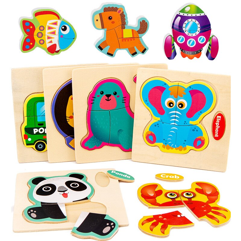 Cartoon Wooden Puzzle Children Animal/ Vehicle Jigsaw Toys 2-6 Year Baby Early Educational for Kids Game Fun Play