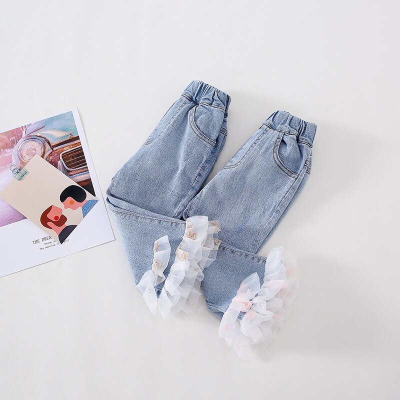 Flickor sommar jeansbyxor barn jeans barn byxor för småbarn bebis tjej prinsessa mesh jeans torusers kläder 1-5 år