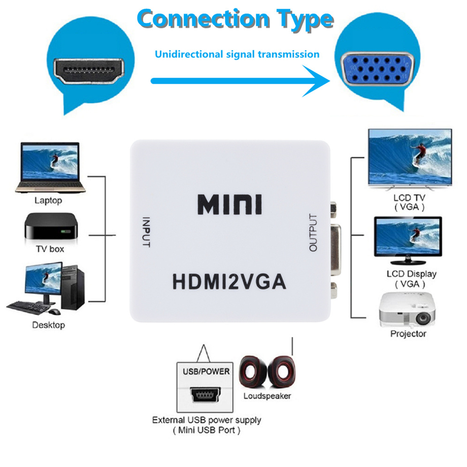 Pzzpss hdmi-kompatibel til vga-adapter hdmi 2 vga-konverter digital analog  hd 1080p til pc bærbar tablet-skærm hdmi til vga