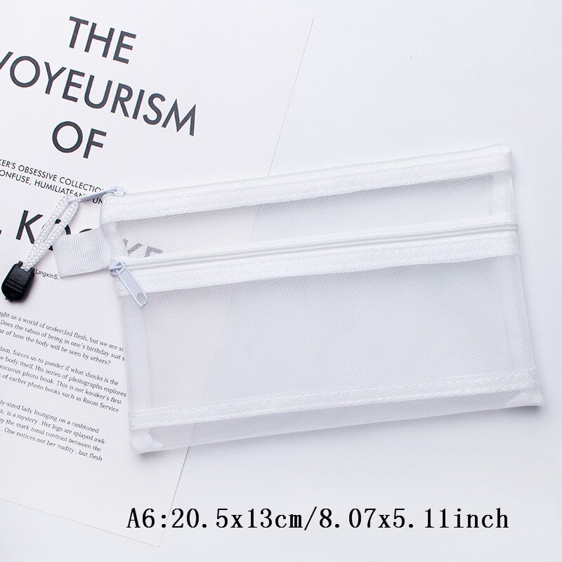 Transparent Mesh File Bag Portable Business Document Stationery Zipper Pocket Organizer Office Supplies Storage Tool Accessories: B-A6 White