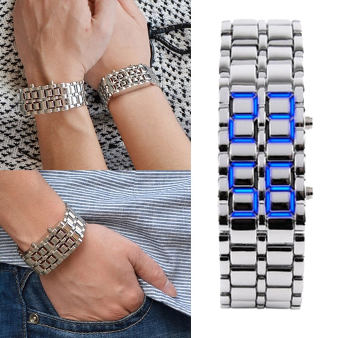 Lava Iron Samurai Horloge Mannen Rvs Led Digitale Horloges Mannen Sport Horloges Elektronische Reloj Hombre Relogio Masculino: 160Silver Blue Light