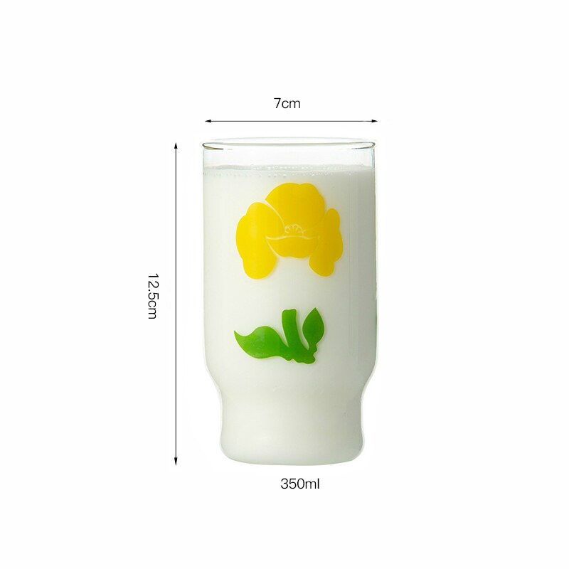 Taza de vidrio usada de Japón y Corea del Sur de 350ML, vaso de vidrio pintado a mano de flor de tulipán, taza de leche de café, taza gruesa impresa en amarillo: 001