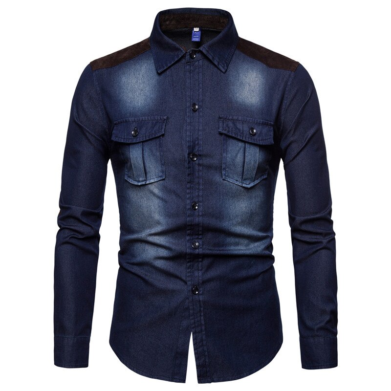 Dongeriskjorte herre langermet herre casual bomull jeansskjorte slim semsket matchende herre solide lommeskjorter topper chemise homme