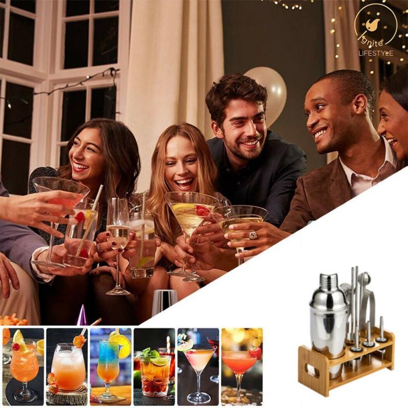 13PC Bartender Set Stainless Steel Bar Cocktail Shaker Set Barware Tools Shaker Sets With Wooden Rack Browser Kit Bars Set Tools