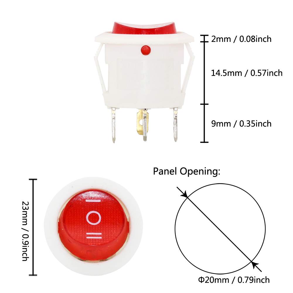 20mm Round Rocker Switch Square Base Black/Red 6A 250V DPDT Power Switches: Blue