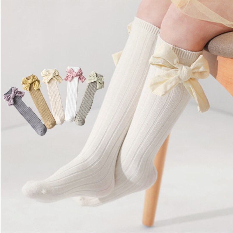 Big Bow Baby Girls Sock Solid Color Infant Girls Knee High Socks Soft Cotton Long Socks Toddler Kids Children 1-3Y