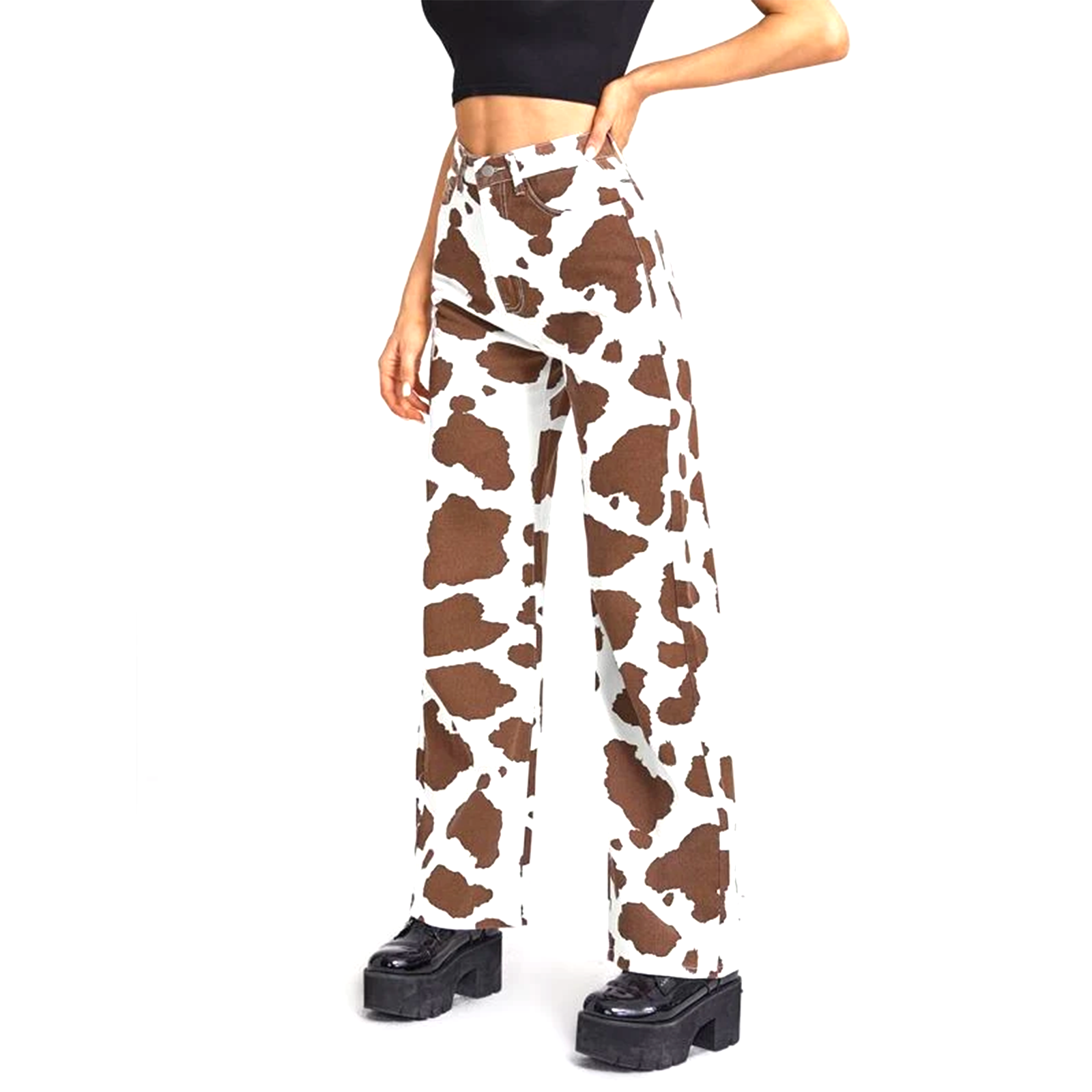 Pantalones vaqueros con estampado de vaca y leche para mujer, vaqueros de cintura alta, ajustados, rectos, informales, Harajuku