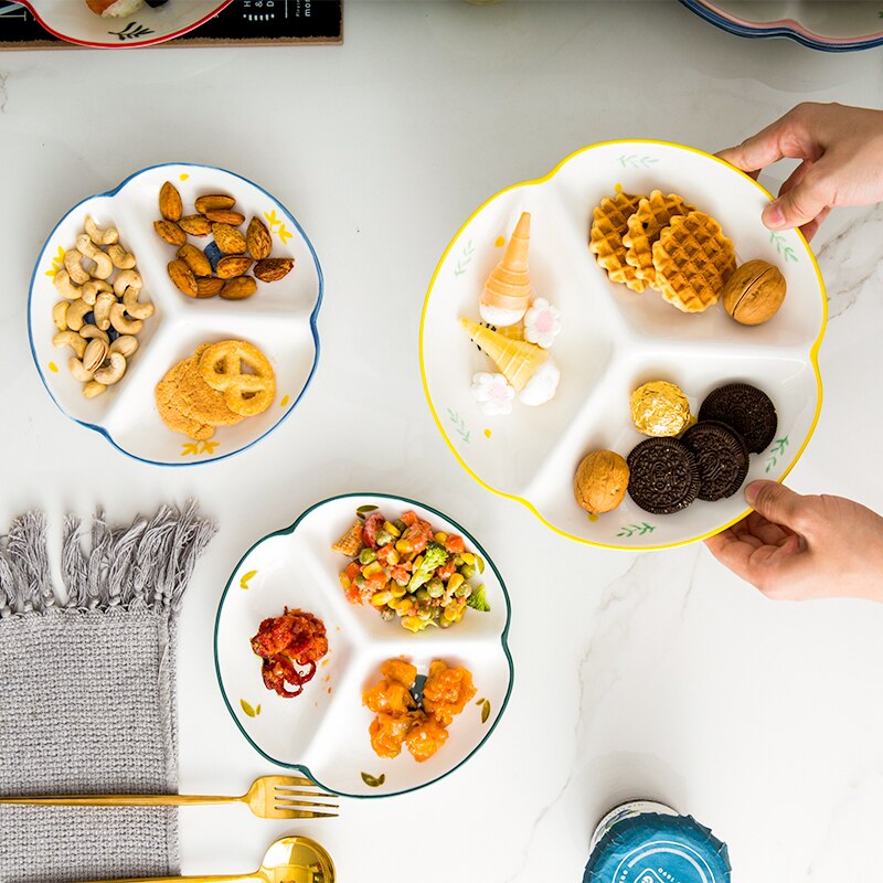 （9 inch Ceramic Three-divided Plate Fruit Bowl Snack Tray Porcelain Plates Candy Dish