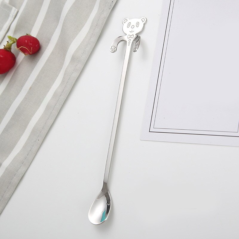 20 cm Panda lindo cuchara de café de acero inoxidable cuchara con forma de Panda cucharadita de postre de cuchara helado Mini vajilla de cucharas: Plata