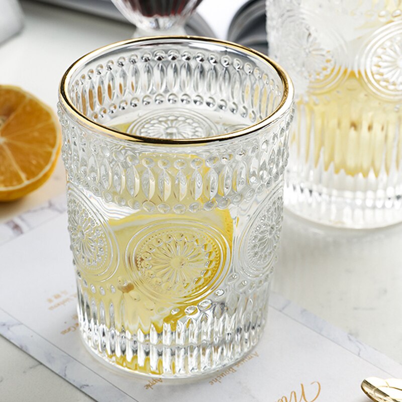 2 pçs em relevo copos de vidro aro de ouro copo de suco de vidro copo de leite velho moda girassol gravura copo de vidro bebendo vinho de cristal glassless