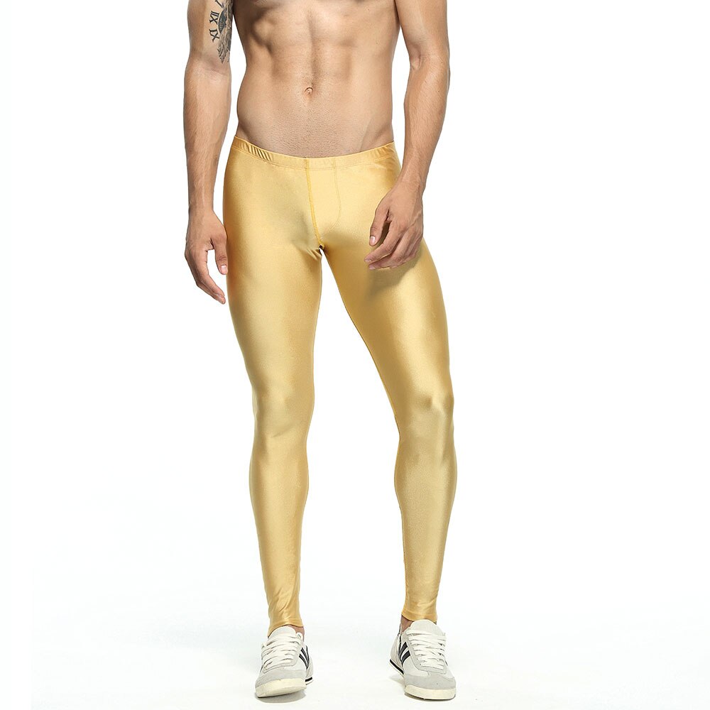 Bløde herre leggings bukser nylon herre tøj solid stram mand lange johns stretch elastiske lavtaljede bukser langt undertøj: Guld / S