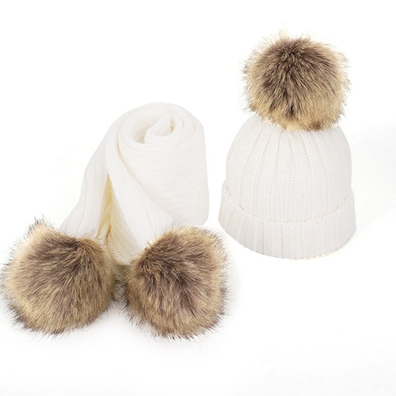 Kinderen Enkele Haar Bal Wollen Muts En Sjaal Set Unisex Verdikte: White