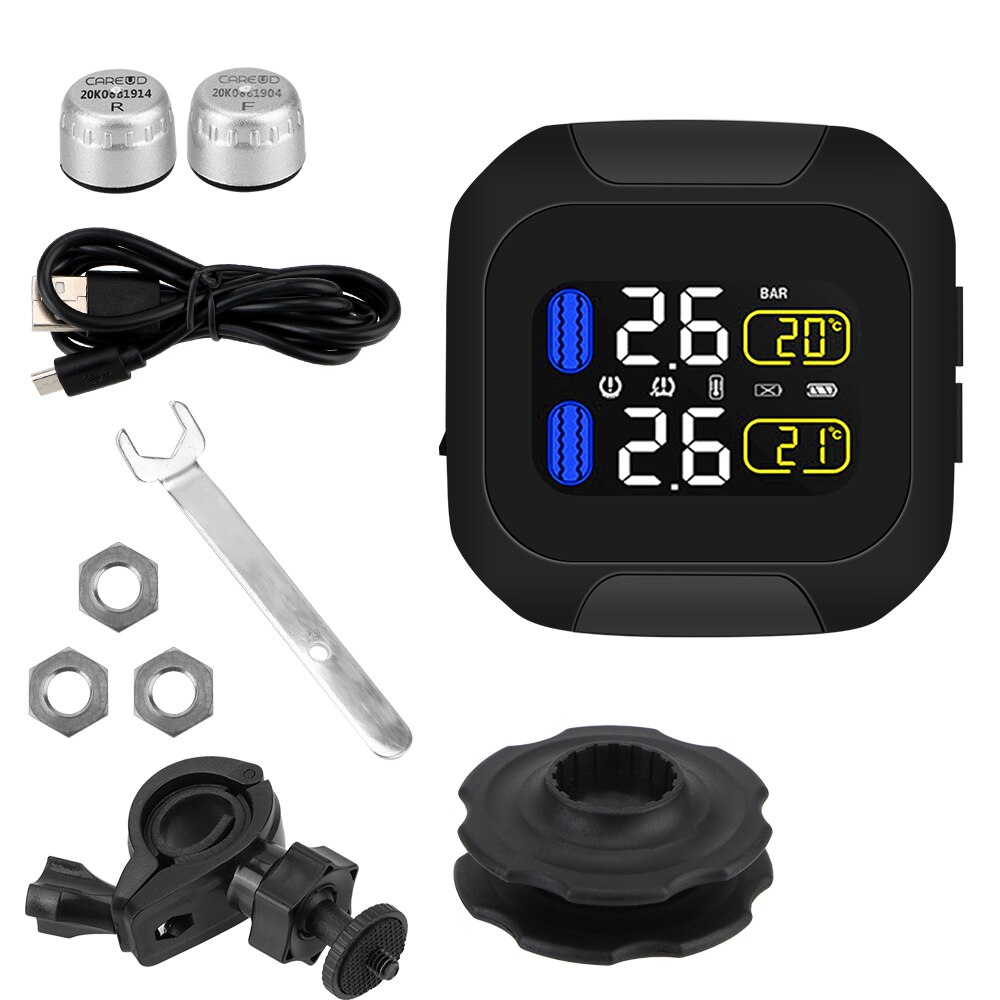 Motor Tire Pressure Monitoring System LCD Display Motorcycle TPMS Tyre Temperature Alarm 2 External Internal TH/WI Sensors: External Silver