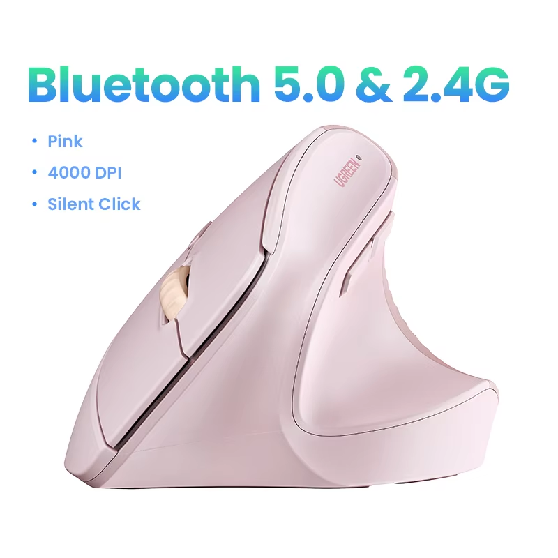 UGREEN Vertical Wireless Mouse 2.4G Ergonomic 4000DPI 6 Mute Buttons for MacBook Tablet Laptops Computer PC Mice Black Pink: GRAY
