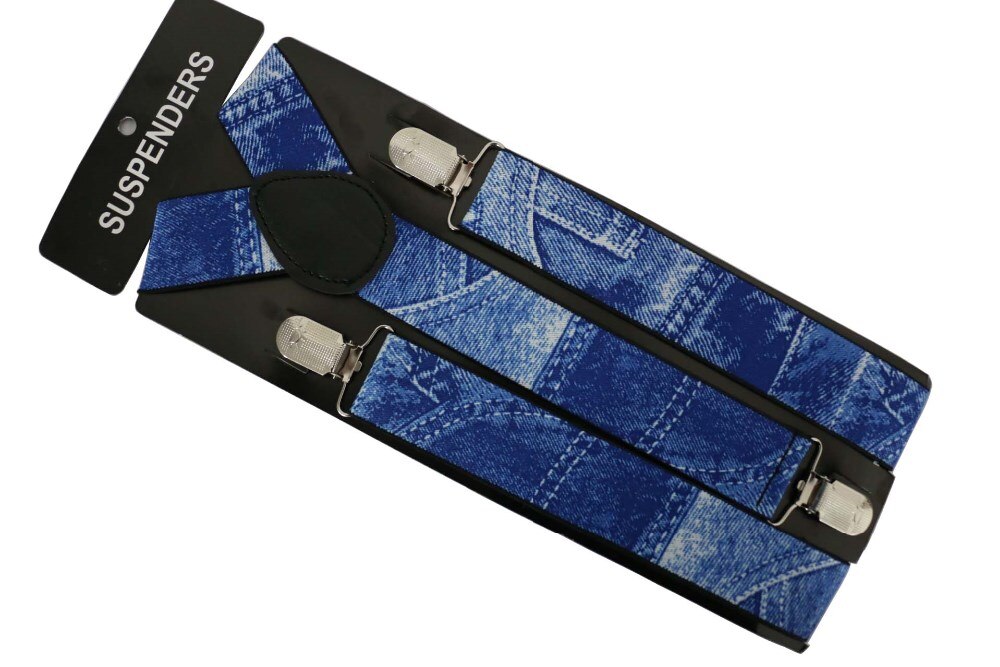 Winfox 3.5cm brede justerbare seler til mænd 3 clips denimblå elastiske seler til mænds seler