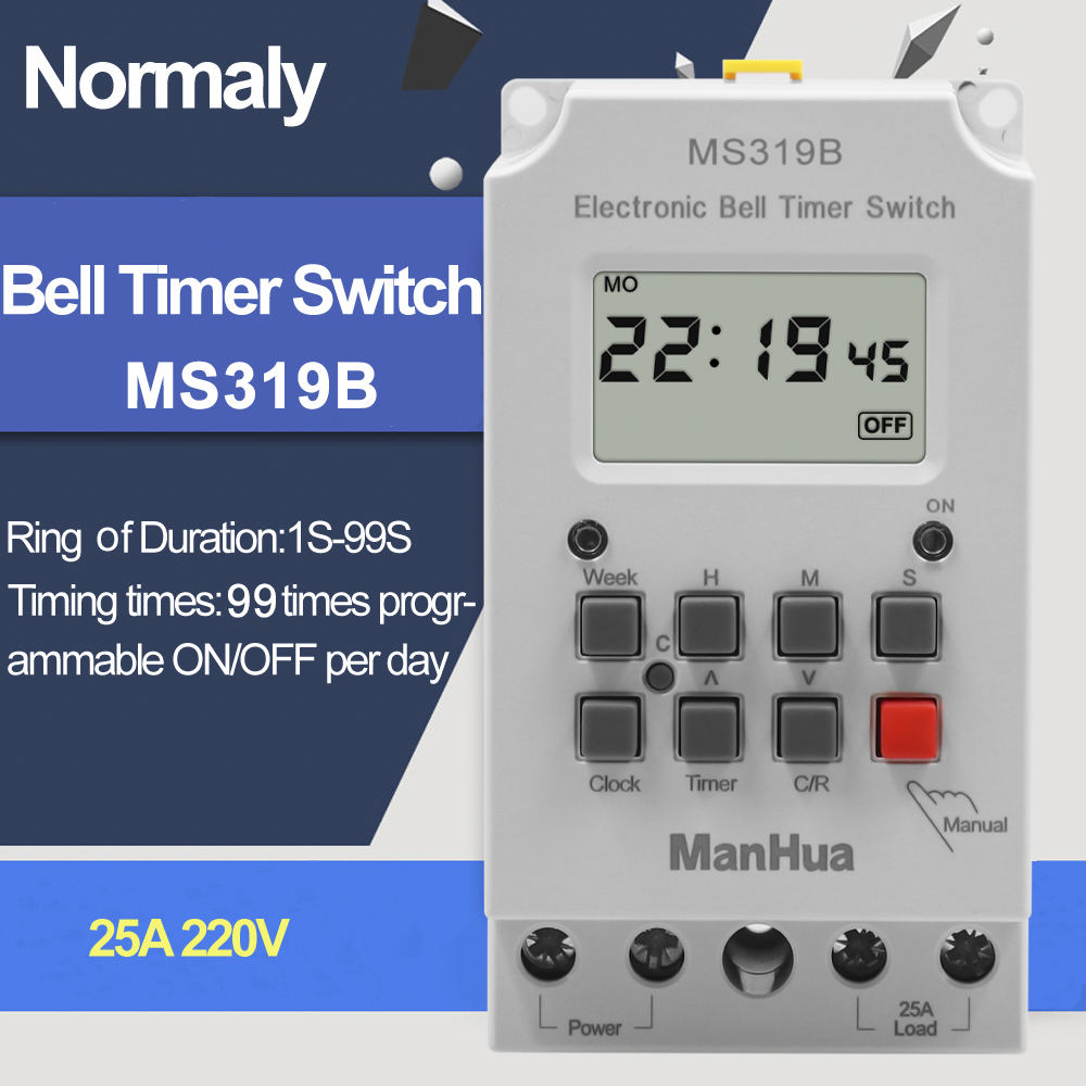 ManHua MS319B 200-240VAC 25A 99ON Programmable Din Rail Digital Timer Switch School Bell Time Controller: Orange
