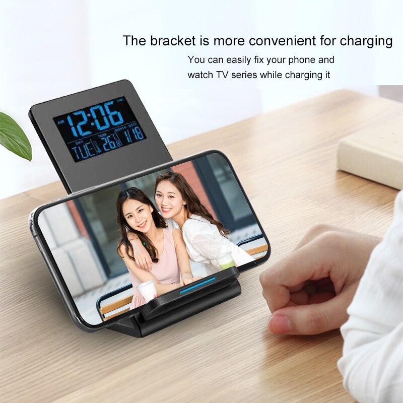 Trådløs oplader holder 10w hurtig telefon oplader stativ desktop oplader telefon holder med digitalt vækkeur til kontor soveværelse