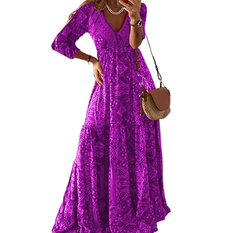 Robe longue à manches 3/4 pour femme, style bohème européen et américain, taille haute, col en V, imprimé fleuri fragmenté,