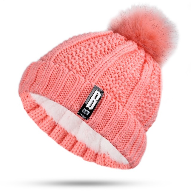 Dikke voering plus fluwelen winter dames pompon gebreide muts ring sjaal sets dames merk mutsen mutsen warme dames ring sjaal: Roze -2