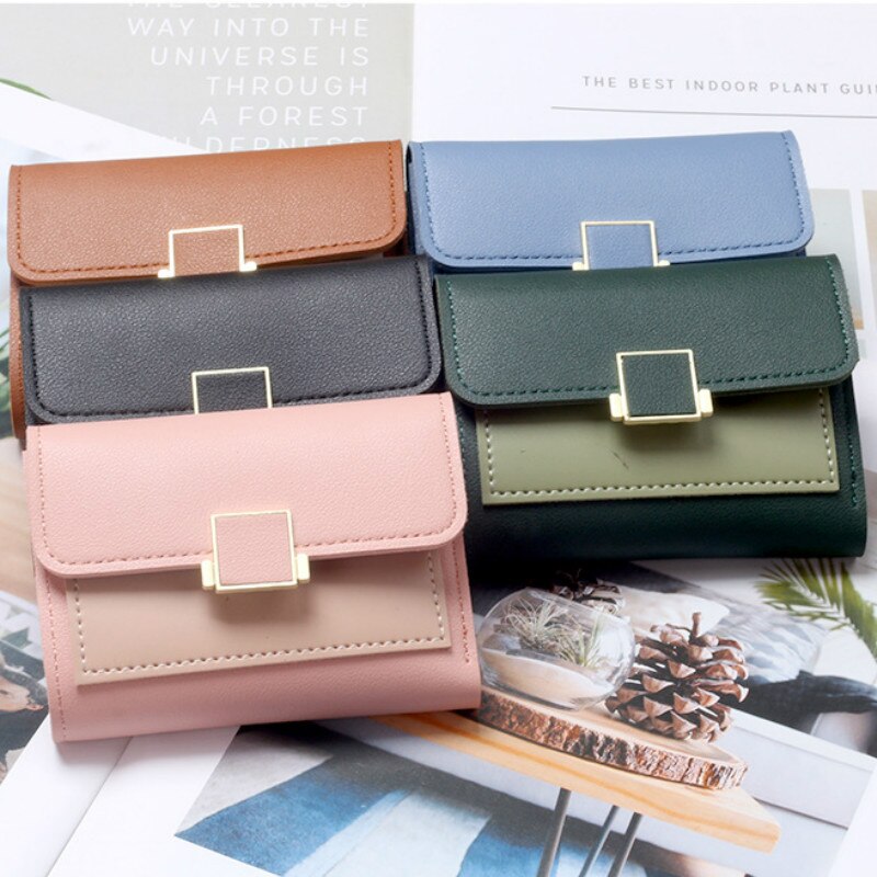 Cartera pequeña Coreana de PU para mujer, billetera de tres pliegues, tarjetero de , monedero de mano Simple, con broche