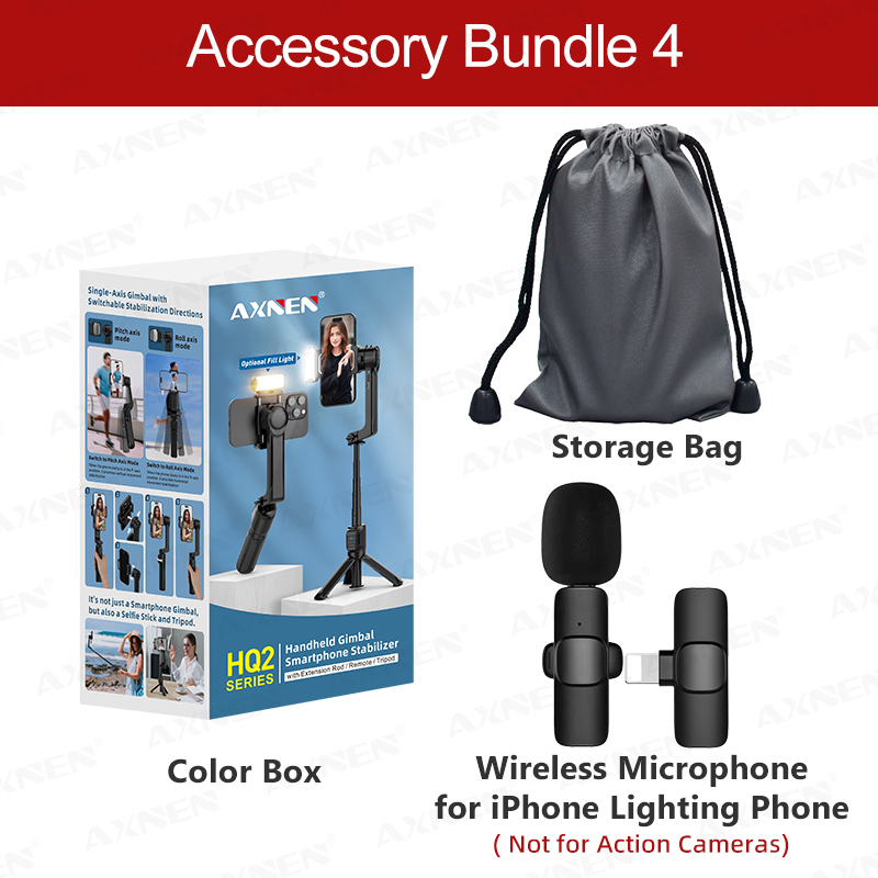 AXNEN HQ2 SERIES Mobile Phone Stabilizer Handheld Gimbal for Smartphone Gopro Action Camera Extension Rod Selfie Stick Tripod: PURPLE / Bundle 4