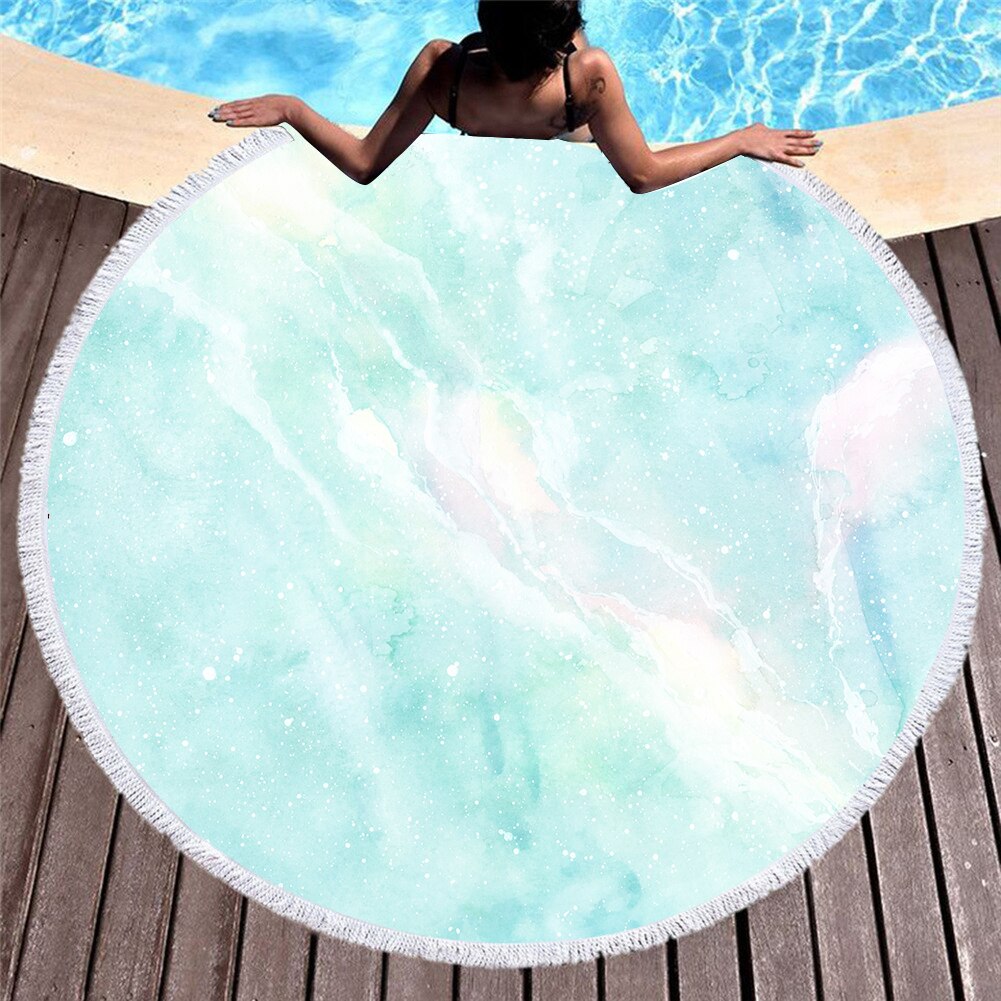 Serviette de plage ronde en microfibre pour adultes, motif de marbre coloré imprimé en 3D, tapis de Yoga avec pampilles, été, 150cm, T609: 7