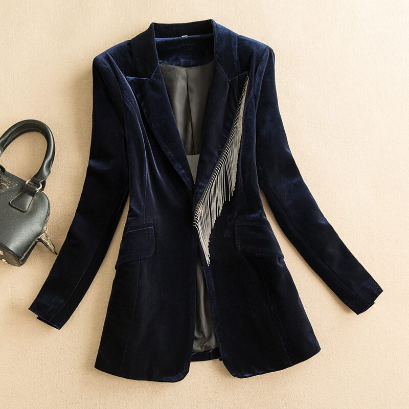 Chaqueta de traje de terciopelo negro dorado para mujer, chaqueta de de autocultivo con temperamento, abrigo con borlas de gama alta y901, primavera y otoño: dark blue / M
