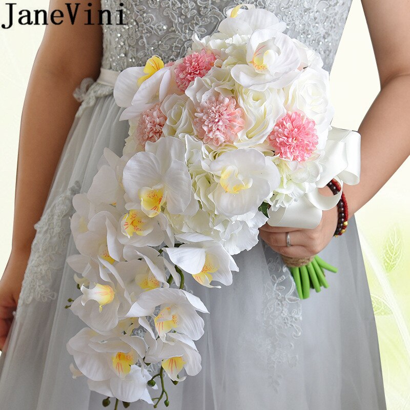 JaneVini Witte Orchidee Waterval Bruidsboeket Roze Kunstmatige Bruid Bedrijf Bloemen Bruids Zijde Bloem Boeket Rozen