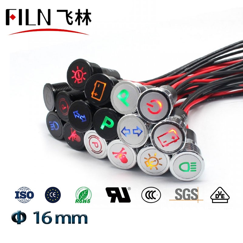 16mm LED metall anzeige licht Pilot lampe mit Auto Stiefel Armaturenbrett warnung Symbol 12v 24v 110v 220v verrotten grün anzeige lampe