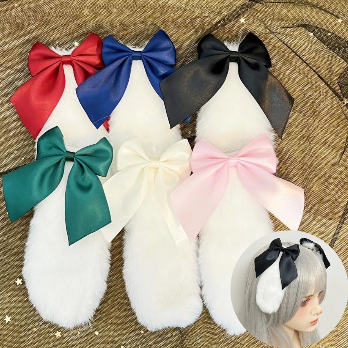 Lolita Cosplay Rabbit Bunny Plush Lop Ears Kawaii Women Girls Hair Clip Cute Hairpin Ribbon Bowknot Hair Accessories