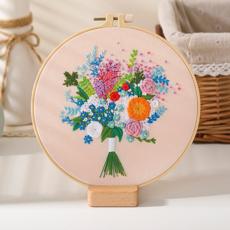Flower Pattern Stamped Embroidery Kits DIY Embroidery Starter Kit With Bamboo Embroidery Hoop Cross Stitch Sewing Craft: Hongfenjiaren