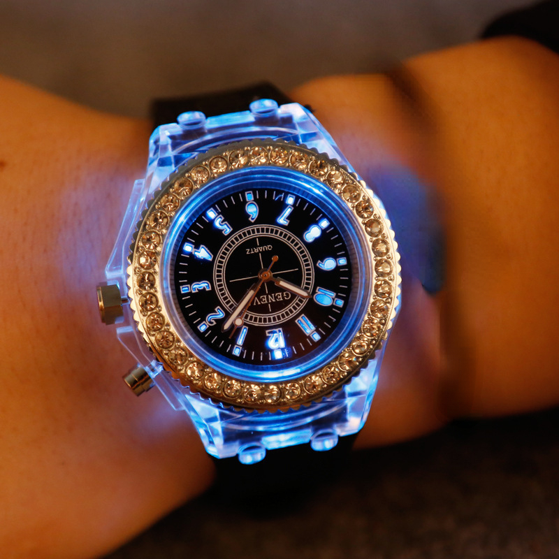 Luminous Quartz Watch for Women Personality Rhinestone Led Geneva Male and Female Students Couple Jelly Wrist Watches